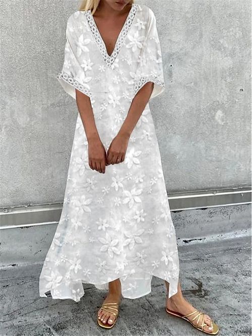 Women's Casual Dress Cotton Linen Dress Maxi long Dress Cotton Blend Fashion Modern Outdoor Daily Deep V Lace Patchwork Half Sleeve Summer Spring Fall 2023 Loose Fit White Floral Plain S M L XL 2XL
#9546950