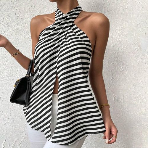 Sexy Black and White Striped Halter Top