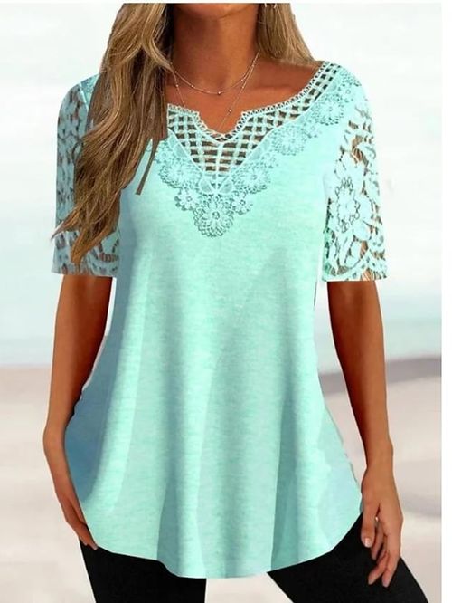 Women's Shirt Blouse Light Green Plain Lace Short Sleeve Casual Basic V Neck Regular S