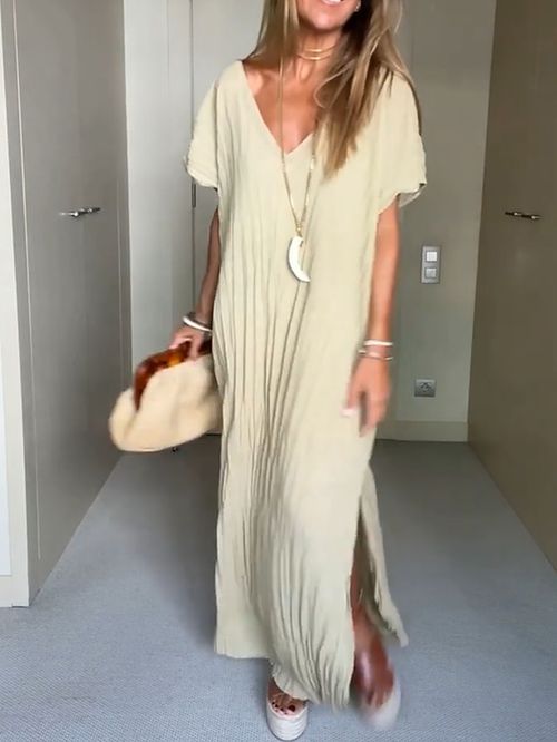 Women's Long Dress Maxi Dress Casual Dress Shift Dress Summer Dress Plain Fashion Modern Outdoor Daily Vacation Ruched Split Short Sleeve V Neck Dress Loose Fit Beige Summer Spring S M L XL XXL