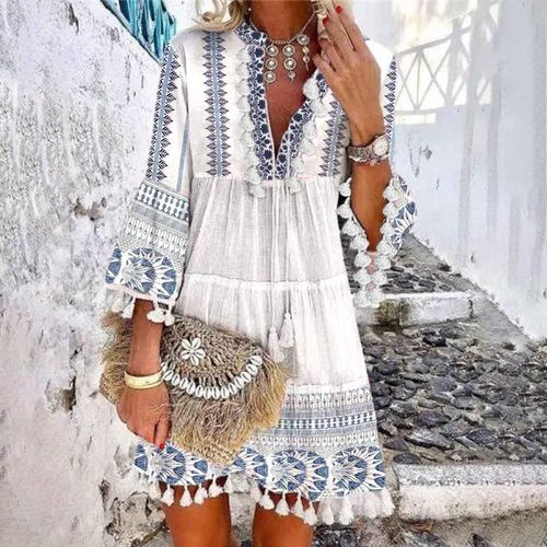 Trendy 3/4 Sleeve Print Mini Dress