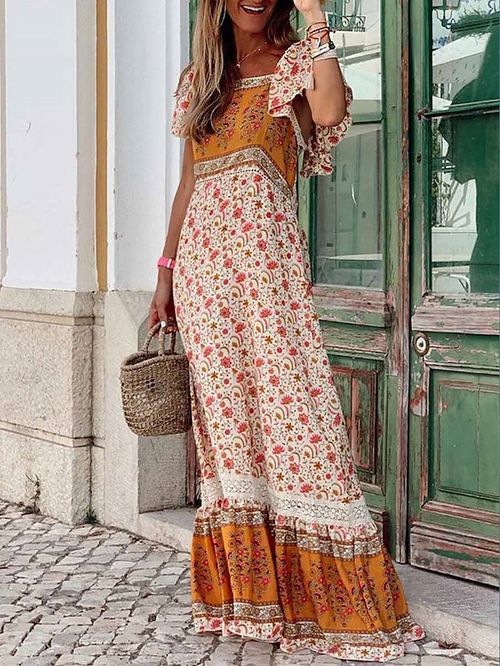 Women's Long Dress Maxi Dress Casual Dress Summer Dress Boho Dress Floral Tribal Fashion Streetwear Outdoor Daily Holiday Ruffle Print Short Sleeve Square Neck Dress Loose Fit Pink Summer Spring S M
#9551926