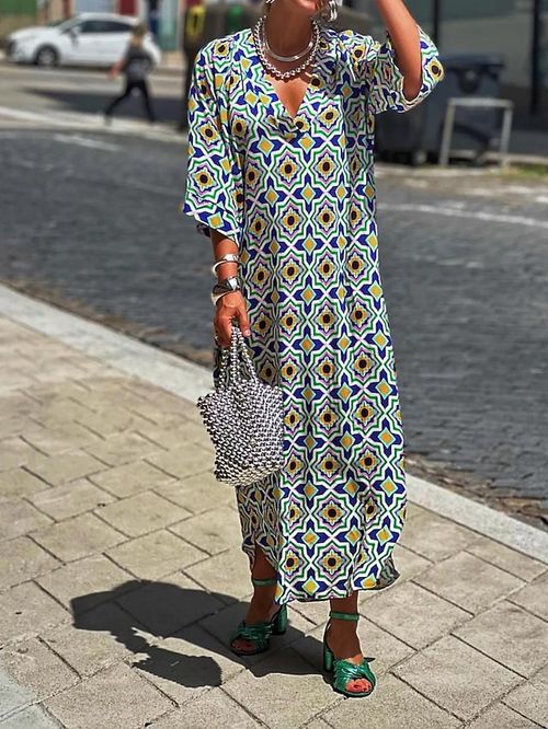 Women's Long Dress Maxi Dress Casual Dress Summer Dress Print Dress Geometric Fashion Streetwear Outdoor Daily Holiday Print 3/4 Length Sleeve V Neck Dress Loose Fit Green Summer Spring S M L XL XXL
#9530994