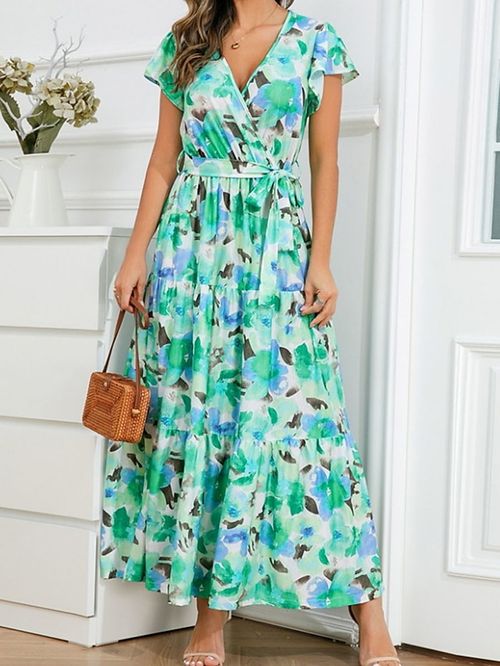 Women's Long Dress Maxi Dress Sheath Dress Print Dress Graphic Fashion Casual Daily Holiday Vacation With Belt Print Short Sleeve V Neck Dress Regular Fit Purple Orange Green Summer Spring S M L XL
#9549378