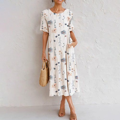 Stylish Print Round Neck Midi Dress