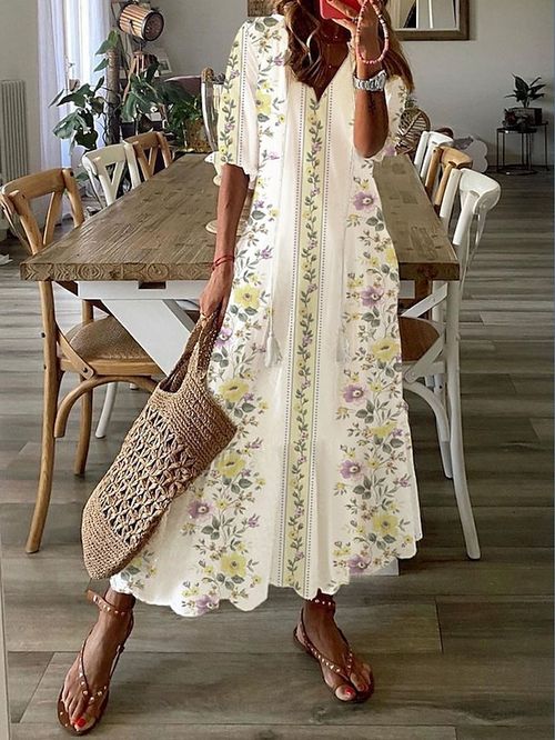 Women's Long Dress Maxi Dress Casual Dress Summer Dress Print Dress Floral Fashion Streetwear Daily Vacation Going out Print Half Sleeve V Neck Dress Loose Fit Beige Summer Spring S M L XL XXL