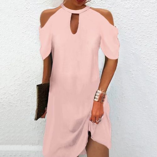 Pink Plain Short Sleeve Halter Mini Dress