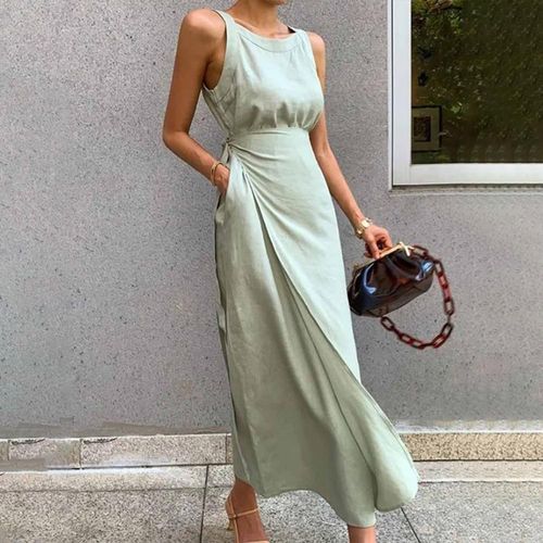 Green Plain Sleeveless Maxi Dress