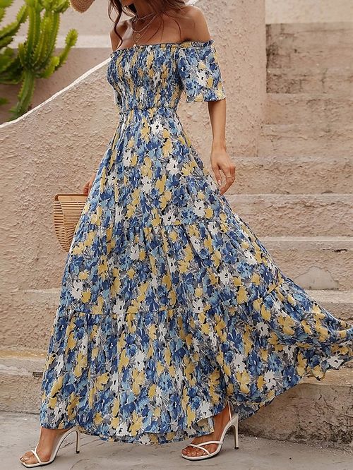 Women's Long Dress Maxi Dress Casual Dress Swing Dress A Line Dress Floral Fashion Streetwear Outdoor Daily Holiday Backless Print Short Sleeve Off Shoulder Dress Regular Fit Blue Summer Spring S M L
#9548391