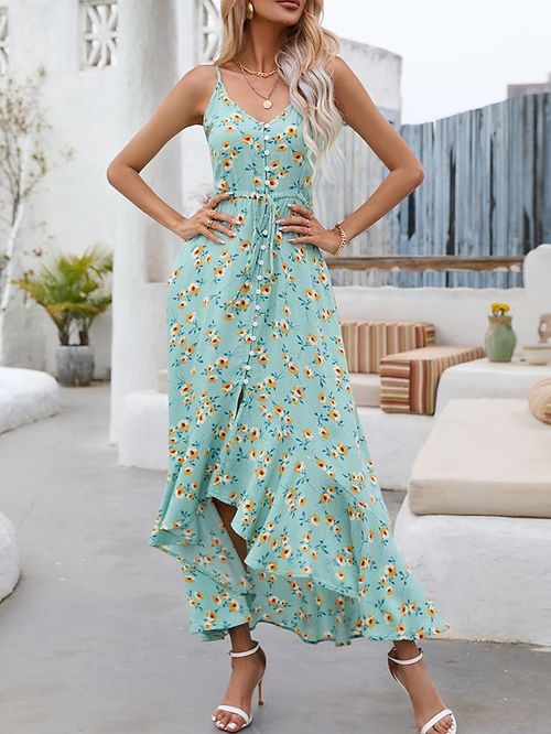 Women's Long Dress Maxi Dress Casual Dress Sundress Floral Dress Floral Streetwear Casual Outdoor Holiday Vacation Ruffle Button Sleeveless Strap Dress Regular Fit Green Summer Spring S M L XL
#9534467