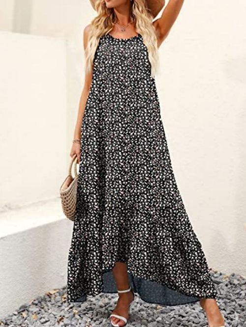 Women's Long Dress Maxi Dress Casual Dress Swing Dress Black Dress Leaf Print Multicolor Fashion Classic Daily Holiday Vacation Ruched High Low dress Sleeveless Strap Dress Regular Fit Black White
#9551927