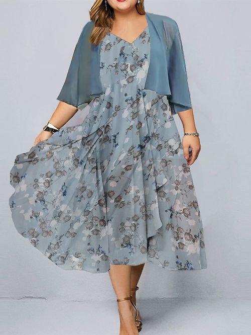 Women's Plus Size Casual Dress Dress Set Two Piece Dress Floral Midi Dress Half Sleeve Ruched Print V Neck Fashion Outdoor Navy Blue Blue Summer Spring L XL XXL 3XL 4XL