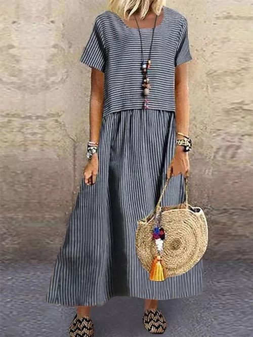 Women's Long Dress Maxi Dress Casual Dress Summer Dress Print Dress Striped Fashion Streetwear Outdoor Daily Vacation Print Short Sleeve Crew Neck Dress Loose Fit Blue Green Gray Summer Spring S M L
#9542077