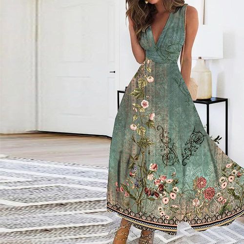 Green Floral Print Sleeveless Midi Dress