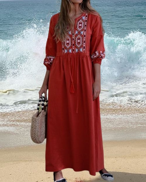 Resort-style Vacation Embroidered Cotton and Linen Dress 9be7