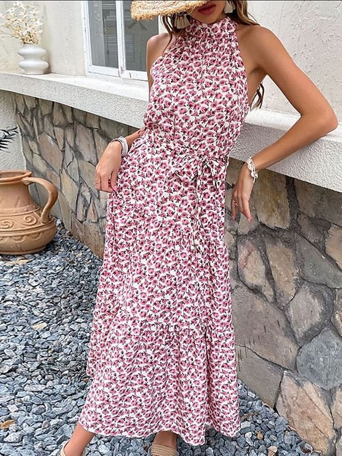 Women's Long Dress Maxi Dress Casual Dress Halter Neck Dress Print Dress Floral Fashion Classic Daily Holiday Vacation Print Sleeveless Halter Dress Regular Fit Light Pink Black Yellow Summer Spring
#9551932