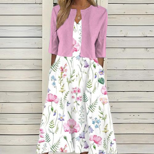 Twofer Pink Floral Print White Midi Dress