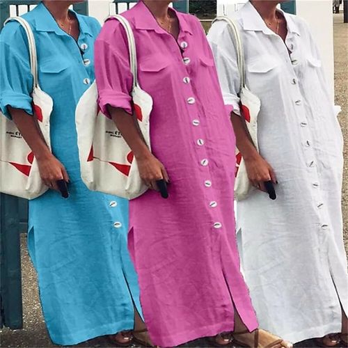 Women's Shirt Dress Casual Dress Cotton Linen Dress Maxi long Dress Cotton Blend Basic Classic Outdoor Daily Vacation Shirt Collar Button Pocket Long Sleeve Summer Spring Fall 2023 Loose Fit White
#9547993