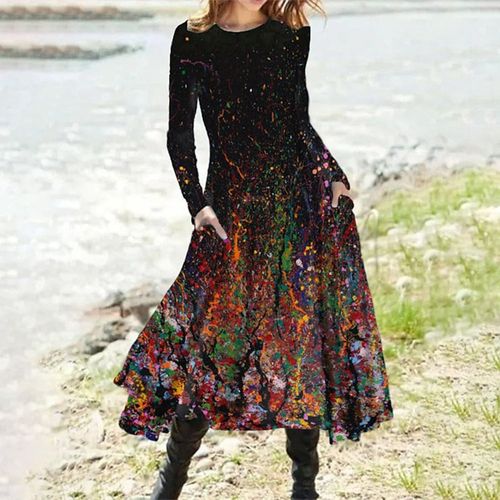 Paint Splatter Long Sleeve Uneven Hem Midi Dress