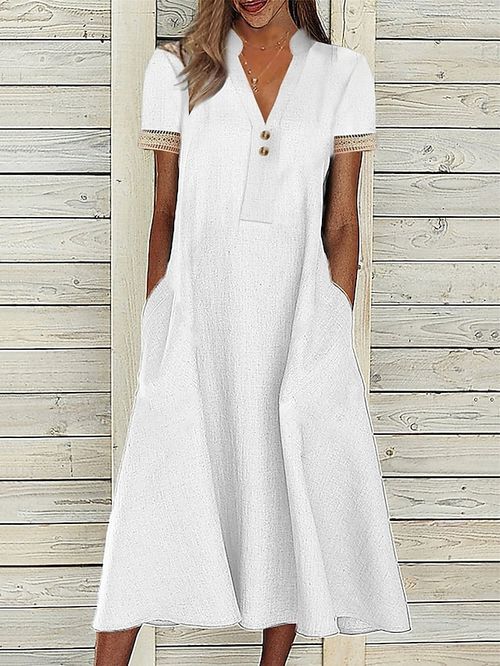 Women's Casual Dress Cotton Linen Dress Maxi long Dress Cotton Blend Basic Modern Outdoor Daily Split Neck Patchwork Button Short Sleeve Summer Spring 2023 Regular Fit White Plain S M L XL 2XL
#9551910