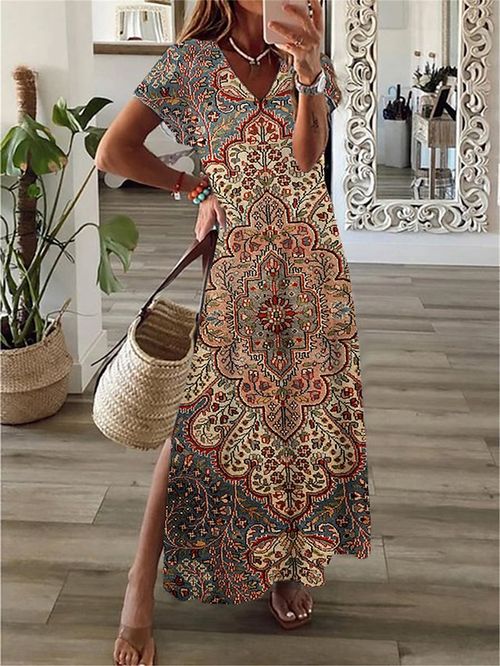 Women's Long Dress Maxi Dress Casual Dress Summer Dress Print Dress Floral Tribal Retro Vintage Outdoor Daily Going out Split Print Short Sleeve V Neck Dress Regular Fit Red Khaki Summer Spring S M L
#9548303