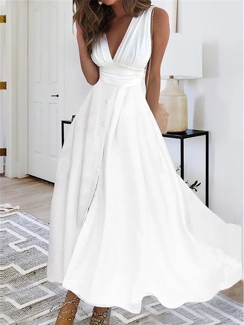 Women's Prom Dress Wedding Guest Dress Party Dress Long Dress Maxi Dress White Sleeveless Pure Color Ruched Summer Spring V Neck Fashion Evening Party Wedding Guest Vacation 2023 S M L XL 2XL 3XL
#9547894