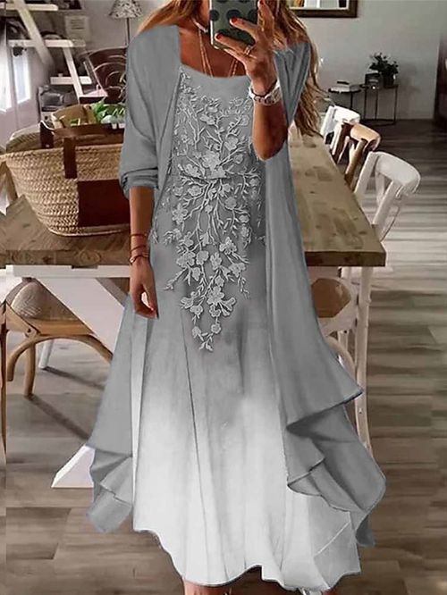 Women's Two Piece Dress Set Casual Dress Swing Dress Outdoor Daily Fashion Casual Lace Long Dress Maxi Dress Crew Neck 3/4 Length Sleeve Floral Ombre Regular Fit Gray Summer Spring S M L XL XXL
#9553331