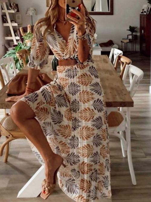 Women's Long Dress Maxi Dress A Line Dress Summer Dress Print Dress Leaf Fashion Modern Daily Holiday Date Layered Print Half Sleeve V Neck Dress Regular Fit Khaki Beige Summer Spring S M L XL XXL