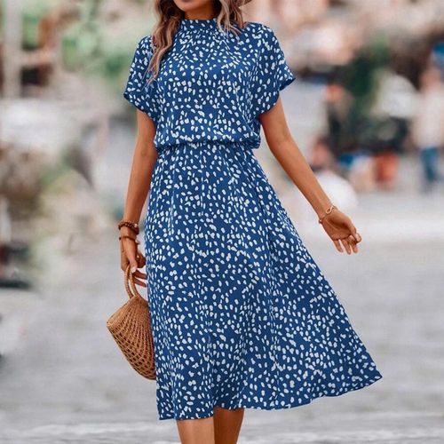 Blue Print Round Neck Midi Dress