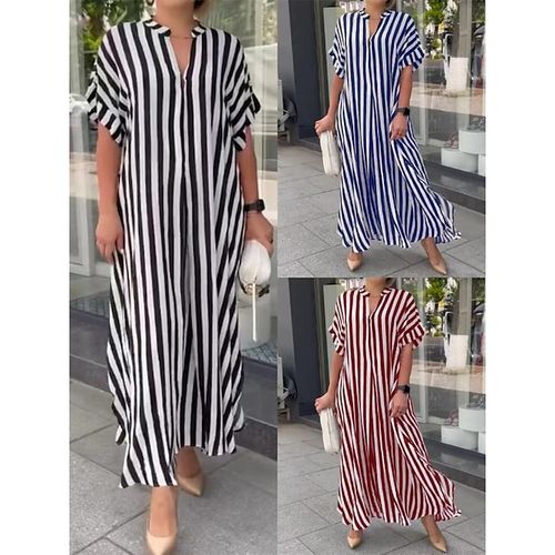 Women's Long Dress Maxi Dress Shirt Dress Casual Dress Swing Dress Striped Streetwear Casual Outdoor Vacation Going out Button Split Short Sleeve V Neck Dress Loose Fit Black Red Blue Summer Spring S
#9551561