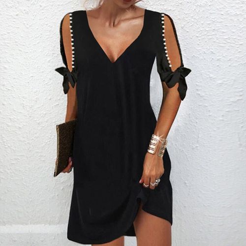 Plunging V-Neck Split Sleeve Black Mini Dress