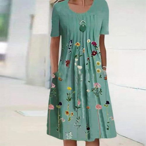 Knee Length Pleated Flower Summer Midi Dress