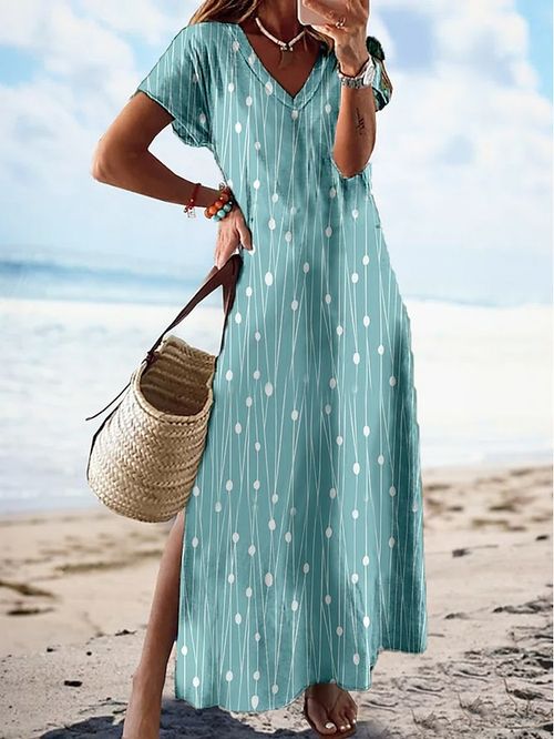 Women's Long Dress Maxi Dress Casual Dress Summer Dress Print Dress Geometric Fashion Streetwear Outdoor Daily Going out Split Print Short Sleeve V Neck Dress Regular Fit Red Blue Light Sky Blue
#9534374