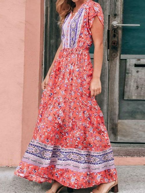 Women's Long Dress Maxi Dress Casual Dress Boho Dress Floral Print Fashion Casual Daily Holiday Vacation Lace up Ruched Short Sleeve V Neck Dress Regular Fit Black Red Blue Summer Spring S M L XL XXL
#9550308