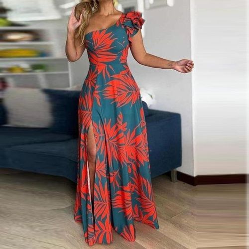 Maui Orange Palmetto Blue Asymmetrical Ruffle Maxi Dress