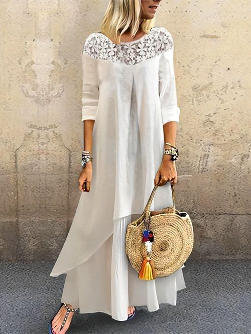 Women's Casual Dress Cotton Linen Dress Tiered Dress Maxi long Dress Cotton Blend Fashion Modern Outdoor Daily Vacation Crew Neck Lace Patchwork Half Sleeve Summer Spring Fall 2023 Loose Fit White
#9553334