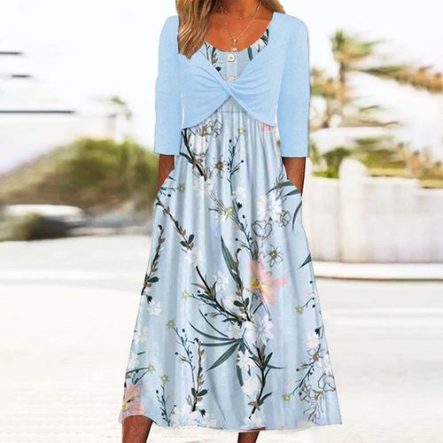 Fresh Blue Floral Print Midi Dress