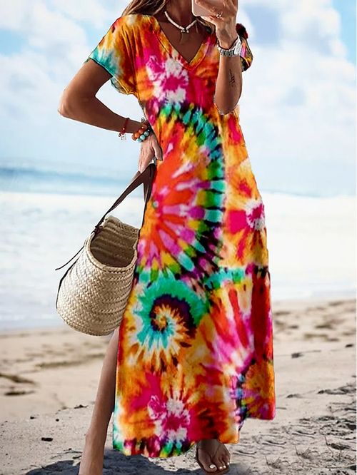 Women's Long Dress Maxi Dress Casual Dress Summer Dress Print Dress Tie Dye Fashion Streetwear Outdoor Daily Going out Split Print Short Sleeve V Neck Dress Regular Fit Yellow Red Purple Summer Spring
#9534373