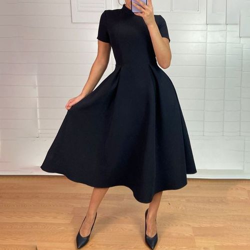 Dark Navy Plain Short Sleeve Midi Dress