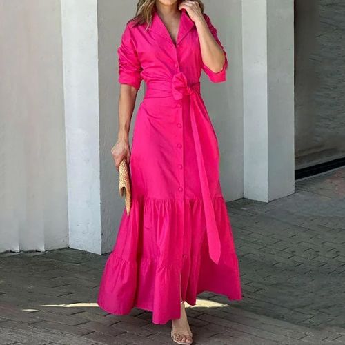 Rose Red Plain V-Neck Maxi Dress