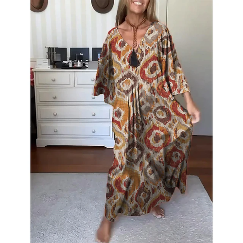 Women's Casual Dress Print Dress Spring Dress Long Dress Maxi Dress Classic Casual Graphic Tie Dye Print Outdoor Daily Holiday V Neck 3/4 Length Sleeve Dress Loose Fit Orange Summer Spring