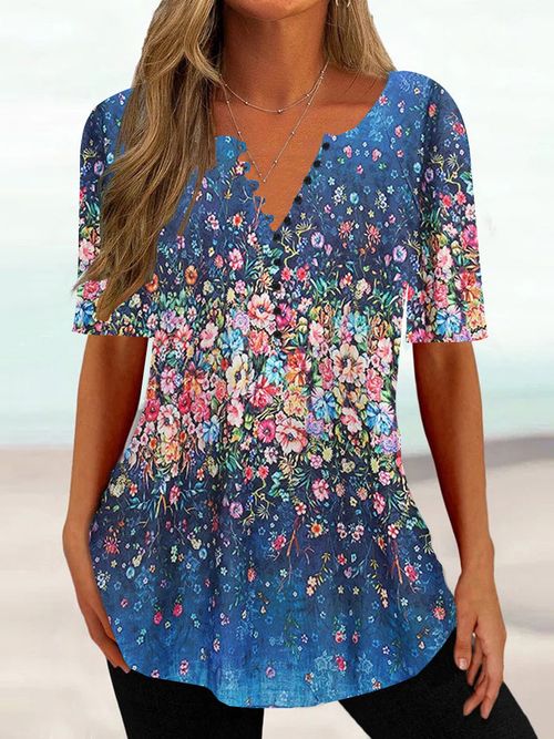 Women Half Sleeve V-neck Floral Printed Tops