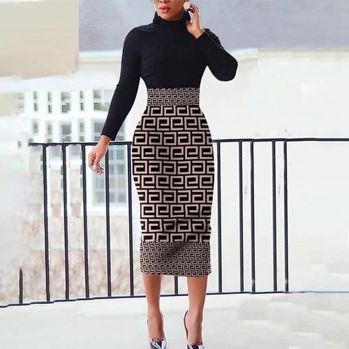 Chic Print High Neck Midi Dress