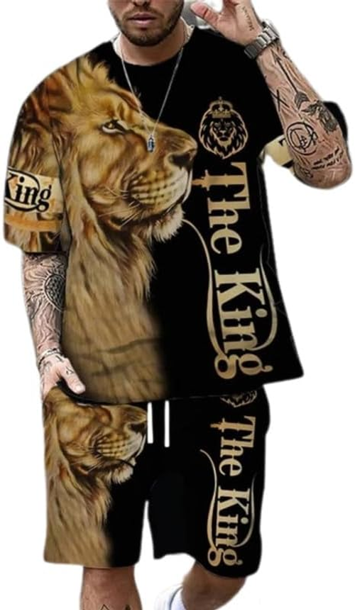 Lion 3D Printed Casual Short Sleeve Crew Neck Suit for Men 2 Piece Shorts Tracksuit