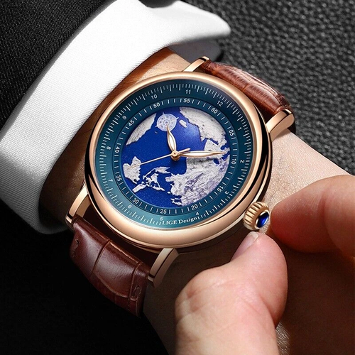 Men's Quartz Casual Watch Leather Strap Earth Face Luminous Wristwatch