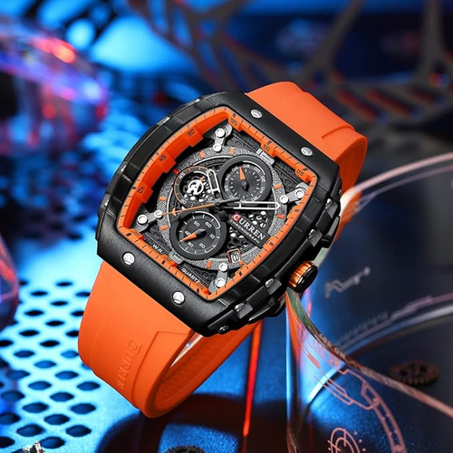 Square Chronograph Auto Date Soft Silicone Strap Quartz Watch for Men