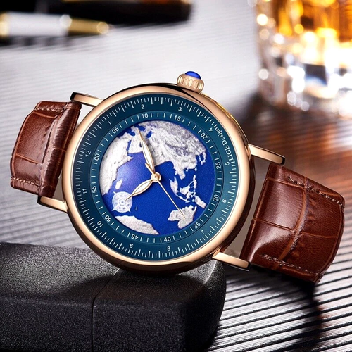Men's Quartz Casual Watch Leather Strap Earth Face Luminous Wristwatch