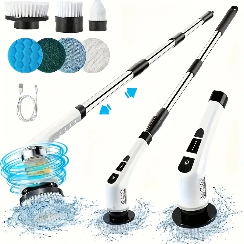 7-in-1 Electric Cleaning Brush, Electric Rotating Floor Brush, Cordless Electric Rotating Brush, with 7 Replaceable Brush Heads and Adjustable Telescopic Handle, Suitable for Floors, Bathrooms, Bathtubs, and Tiles