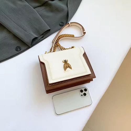 Pu Small Square Bag, New Chain Retro Bee Shoulder Handbag, High-value Tote Bag, Contrasting Color Crossbody Bag