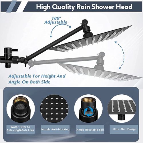 Black Shower Faucet Set, 8inch High Pressure Rain Shower Head, Shower Head with 9 Inch Extension Arm, Dual Shower Head, Handheld Showerhead Combo, 2 in 1 Handheld Shower Head with Holder and Hose